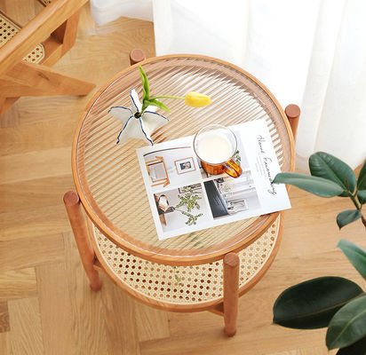 Ergonomics Rattan Glass Table 80*80*45cm Tempered Glass Top Coffee Table