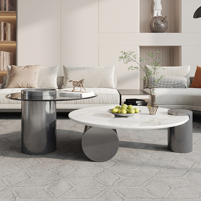 Glass Marble Stainless Steel Round Rock Coffee Table For Home Leisure