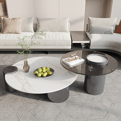 Glass Marble Stainless Steel Round Rock Coffee Table For Home Leisure