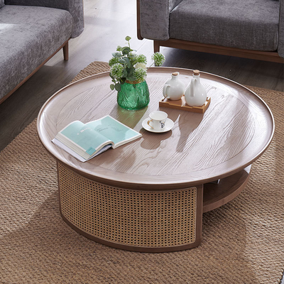 Vintage Solid Wood Rattan Round Coffee Table 80*80*40 For Hotel Hall